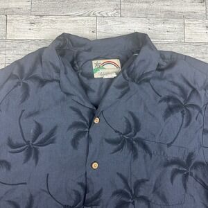 Paradise Found Shirt Mens L Blue Palm Tree Hawaiian Button Up Short Sleeve Rayon